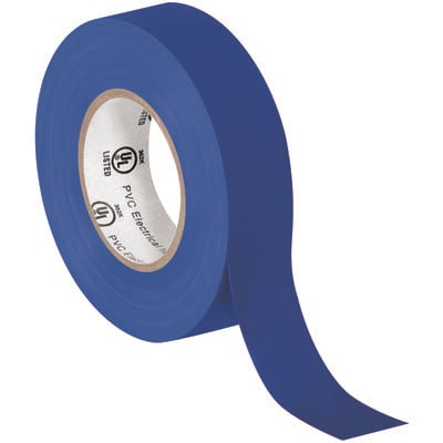 T964618K.jpg A roll of MH-USA 3/4 x 20 yds. blue electrical tape with a partially unrolled strip is displayed. It features a cardboard core and is labeled as PVC electrical tape, available in cases containing 200 rolls.
