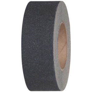 A side view of the 3/4 x 60 Black Tape Logic® Anti-Slip Tape (1 Roll/Case) highlights its gritty texture and durable cardboard core.