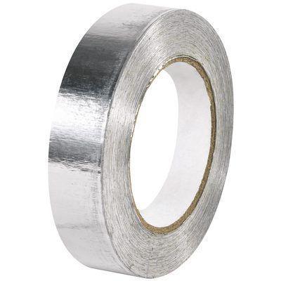 T9650031PK.jpg A roll of MH-USA 1 x 60 yds. Industrial Aluminum Foil Tape, featuring a white inner core, stands vertically against a plain white background, highlighting its shiny silver finish and versatility; it is conveniently packed as 1 PER CASE.