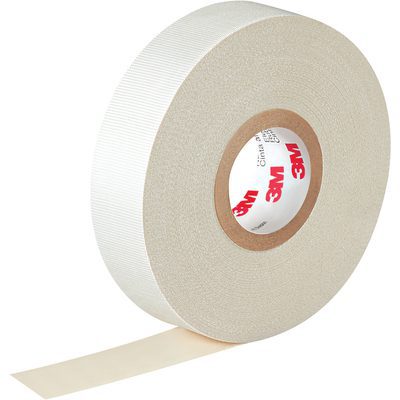 T9650273PK.jpg The 3M Glass Cloth Electrical Tape 27, measuring 1 x 60 yds in a (3 Pack), features a textured white surface. Partially unrolled, the thick tape is ideal for heavy-duty use, with a red-branded inner cardboard core.