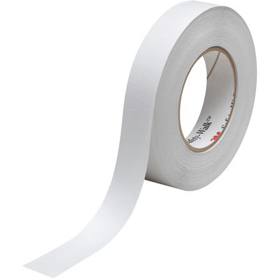 T965220.jpg A partially unrolled roll of white adhesive tape shows its textured surface, similar to the 1 x 60 Clear 3M™ Safety-Walk™ Tape - 220. Inside the roll, brand markings and vibrant text in red and black can be seen.