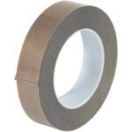 The MH-USA 1 x 18 yds. 5 Mil PTFE Glass Cloth Tape is partially unrolled, displaying its smooth, glossy finish and tight winding. Upright against a plain backdrop, it highlights the tapes durability and quality.