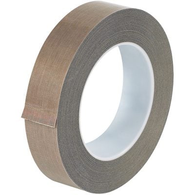 T965224.jpg The MH-USA 1 x 18 yds. 5 Mil PTFE Glass Cloth Tape is partially unrolled, displaying its smooth, glossy finish and tight winding. Upright against a plain backdrop, it highlights the tapes durability and quality.