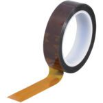 The image displays a partially unrolled roll of 1 x 36 yds. 1 Mil Kapton® Tape (36 Yds/Roll) with a shiny, smooth surface and white core, offering durable versatility for various applications. The tape is translucent amber-colored and 1 mil thick.