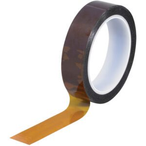 A partially unrolled 1 x 36 yds. 2 Mil Kapton® Tape (36 Yds/Roll) exhibits its amber color and glossy finish. Wound on a white core, the tapes reflective surface highlights its smooth texture effortlessly.
