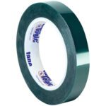 The Tape Logic® Green PET Tape roll, measuring 1 x 72 yds. (2 Pack), is shown upright on a white background, featuring a dark green color with blue and red text on its white inner core.