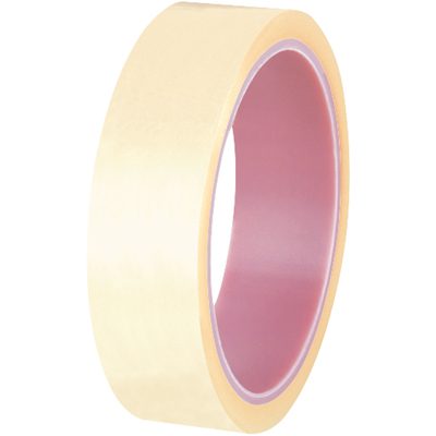 T965401PK.jpg The 1 x 72 yds. (1 Pack) 3M™ 40 Anti-Static Tape showcases a beige masking tape with a pink inner core, standing upright to highlight its circular shape and smooth texture.