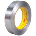 The 1 x 60 yds. (1 Pack) 3M - 425 Aluminum Foil Tape, with a yellow core featuring the red 3M logo, shines with its metallic surface, ideal for sealing tasks.