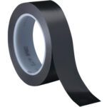 A partially unrolled roll of Black 3M Vinyl Tape 471 (1 x 36 yds., 3 Pack) is shown on a white background, displaying a smooth, shiny surface with 3M visible on the inner core.
