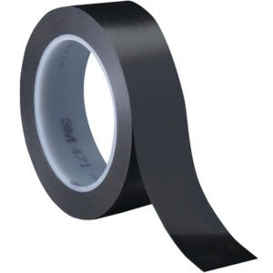 A partially unrolled roll of Black 3M Vinyl Tape 471 (1 x 36 yds., 3 Pack) is shown on a white background, displaying a smooth, shiny surface with 3M visible on the inner core.