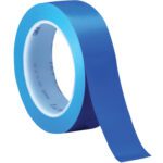 A partially unrolled roll of 1 x 36 yds. Blue (3 Pack) 3M Vinyl Tape 471 showcases its smooth surface, vibrant color, and distinctive white inner core with 3M branding.