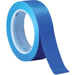 A partially unrolled roll of 1 x 36 yds. Blue (3 Pack) 3M Vinyl Tape 471 showcases its smooth surface, vibrant color, and distinctive white inner core with 3M branding.