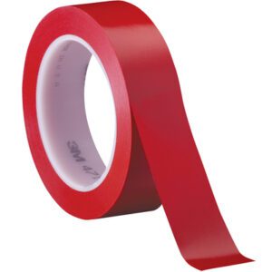 A roll of 1 x 36 yds Red 3M Vinyl Tape 471, in a smooth, glossy finish and partially unrolled. Featuring a white core with printed text, its available in a convenient (3 Pack).
