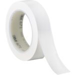 The inner core of the 1 x 36 yds. White (3 Pack) 3M Vinyl Tape 471 displays the iconic logo and product number, while the partially unwound tape reveals its smooth, glossy surface ideal for multiple uses.