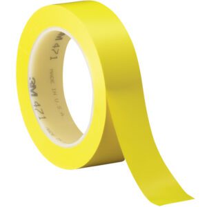 A 1 x 36 yds. Yellow (3 Pack) 3M Vinyl Tape 471 is partially unrolled, displaying its printed inner core against a plain white background.