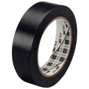 The 1 x 36 yds. Black 3M General Purpose Vinyl Tape 764 is coiled neatly, showcasing its glossy finish. The brands logo appears inside, and a checkered pattern adorns the cardboard ring.