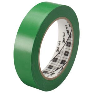 The 1 x 36 yds. Green 3M General Purpose Vinyl Tape 764, boasting a glossy finish and checkered interior, stands ready for versatile use against a white backdrop.