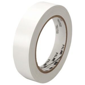 Displayed against a white background, a roll of 1 x 36 yds. White 3M General Purpose Vinyl Tape 764 features a smooth finish and a cardboard inner core with printed text and barcode.