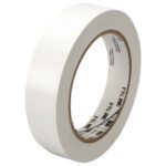 A roll from the 1 x 36 yds. White (6 Pack) 3M General Purpose Vinyl Tape 764 stands upright, featuring a clean edge and an inner ring with text and a barcode. Its smooth, shiny surface glistens under the light.