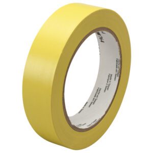 A roll of 1 x 36 yds. Yellow 3M General Purpose Vinyl Tape 764 shines brightly against a white backdrop, with its smooth texture highlighting the printed text on its white inner core.
