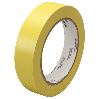 T965764Y6PK.jpg A roll of 1 x 36 yds. Yellow 3M General Purpose Vinyl Tape 764 shines brightly against a white backdrop, with its smooth texture highlighting the printed text on its white inner core.