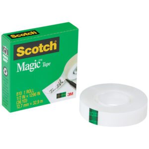 A green box labeled Scotch® Magic™ Tape 810 beside a clear tape roll with dimensions of 1 x 72 yds. The box displays product info and branding, part of a permanent adhesion set of 12 rolls per case. A white core partially dispenses the tape.
