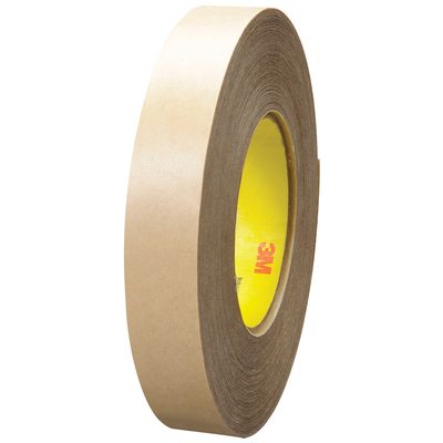 T9659485.jpg A 1 x 60 yds. 3M™ 9485PC Adhesive Transfer Tape Hand Roll (36 rolls/case) stands upright, displaying its yellow core against a white background, emphasizing its precision engineering and durability.