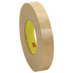 A roll of 1 x 120 yds. (6 Pack) 3M™ 9498 Adhesive Transfer Tape stands upright, showcasing its yellow core on a white background, appearing unused as part of a convenient 6-pack case.