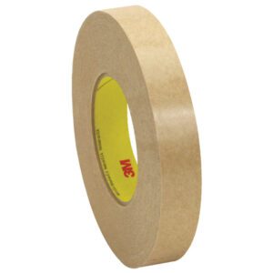 A roll of 1 x 120 yds. (6 Pack) 3M™ 9498 Adhesive Transfer Tape stands upright, showcasing its yellow core on a white background, appearing unused as part of a convenient 6-pack case.
