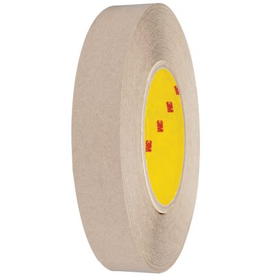 T96596276PK.jpg The 1 x 60 yds. (6 Pack) 3M™ 9627 Adhesive Transfer Tape Hand Rolls, featuring a beige exterior with a yellow core and red inner text, stands upright with precision, offering endless possibilities for your creative projects.