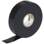 A roll of 1 1/2 x 44 Black Scotch® Vinyl Electrical Tape Super 88, partially unwound to display its logo-covered core, sits on a white background. This durable and classic premium tape is available in cases of 100 rolls.