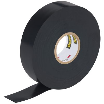 T966088.jpg A roll of 1 1/2 x 44 Black Scotch® Vinyl Electrical Tape Super 88, partially unwound to display its logo-covered core, sits on a white background. This durable and classic premium tape is available in cases of 100 rolls.