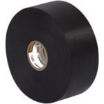 A large roll of 1 1/2 x 30 Black Scotch® Linerless Rubber Splicing Tape 130C tightly wound with a visible cardboard core featuring red and black text is available in cases of 12 rolls.
