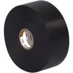 The 1 1/2 x 30 Black Scotch® Linerless Rubber Splicing Tape 130C (3 Pack) is shown slightly unwound, exposing the inner cardboard core with red and white text. The glossy and smooth tape promises reliable use.