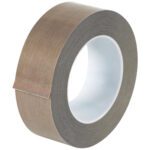 A roll of MH-USA 1 1/2 x 18 yds. 3 Mil PTFE Glass Cloth Tape is shown against a white background, partially unwound to display its textured brown, non-adhesive side.