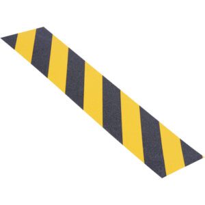 The 6 x 24 Black/Yellow Heavy Duty Tape Logic® Anti-Slip Treads (25/Case) feature bold stripes and a textured surface, diagonally arranged on a white background, providing safety and style.