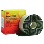 A 1 1/2 x 5 roll of Black 3M™ Scotchfil™ Electrical Putty is unrolled to showcase its thickness and texture, displayed in front of a multilingual box. It is sold in cases of 12.