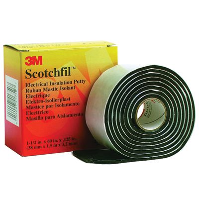 T966SF4PK.jpg A partially unrolled 1 1/2 x 5 roll of black 3M™ Scotchfil™ electrical insulation putty is pictured in front of its yellow and red box. It is part of a four-pack with multilingual text describing it as an insulator for electrical use, available as four per case.