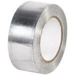 A shiny silver MH-USA 2 x 60 yds. Industrial Aluminum Foil Tape with a white core is angled to show the side and top of the roll.