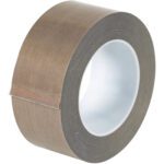 A roll of MH-USA 2 x 18 yds. 3 Mil PTFE Glass Cloth Tape, featuring a white inner core and textured surface for grip, stands upright with its adhesive edge exposed, offering durability for tough projects.