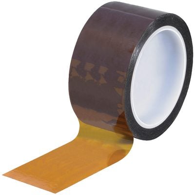 T967291.jpg A 2 x 36 yds. 1 Mil Kapton® Tape (36 Yds/Roll) is shown with an unraveled strip adhering to the surface, highlighting its durability and reliability for diverse packaging needs. The tape rolls interior is white, emphasizing its sturdy design.
