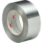 A roll of 2 x 5 yds. 3M Aluminum Foil Tape 425 (1 Roll/Case) with the iconic logo on the inner cardboard ring, metallic sheen, and appears unused—ideal for sealing needs.