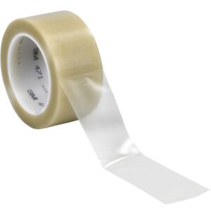 A roll of clear 2 x 36 yds. adhesive tape (3 Pack) with a shiny surface and partially unrolled segment sits on a white cylindrical core with text, part of the premium 3M Vinyl Tape 471 series.