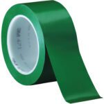 A partially unrolled roll of 2 x 36 yds. Green (3 Pack) 3M Vinyl Tape 471, made in the USA, highlights the products versatility and durability for various applications.