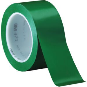 A partially unrolled roll of 2 x 36 yds. Green (3 Pack) 3M Vinyl Tape 471, made in the USA, highlights the products versatility and durability for various applications.