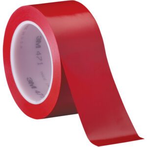 The glossy red 2 x 36 yds. (3 Pack) Red 3M Vinyl Tape 471 is partially unwound, displaying the 3M logo on the core, and is angled slightly to the right in the photo.