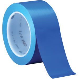 A partially unrolled 2 x 36 yds. Blue 3M Vinyl Tape 471, glossy and white inside, showcases its brand name and product number on the edge. Comes in cases of 24 rolls.