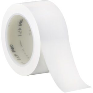 A roll of 2 x 36 yds. White 3M Vinyl Tape 471 (24/Case), partially unrolled, displays its brand and product details on the inner side. It contrasts against a minimalist white background, emphasizing its premium quality.