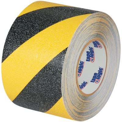 T96760BY.jpg The 2 x 60 Tape Logic® Anti-Slip Tape Roll features black/yellow stripes, a textured grip surface for safety, and branded text on the inner core.