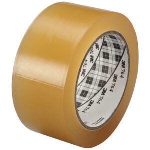 A roll of clear 3M General Purpose Vinyl Tape 764, sized 2 x 36 yds, upright to show its dimensions, with a black and white plaid inner cardboard core featuring text.